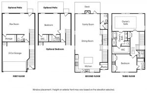 Piedmont 3-story, 2 bedroom townhome floor plan.