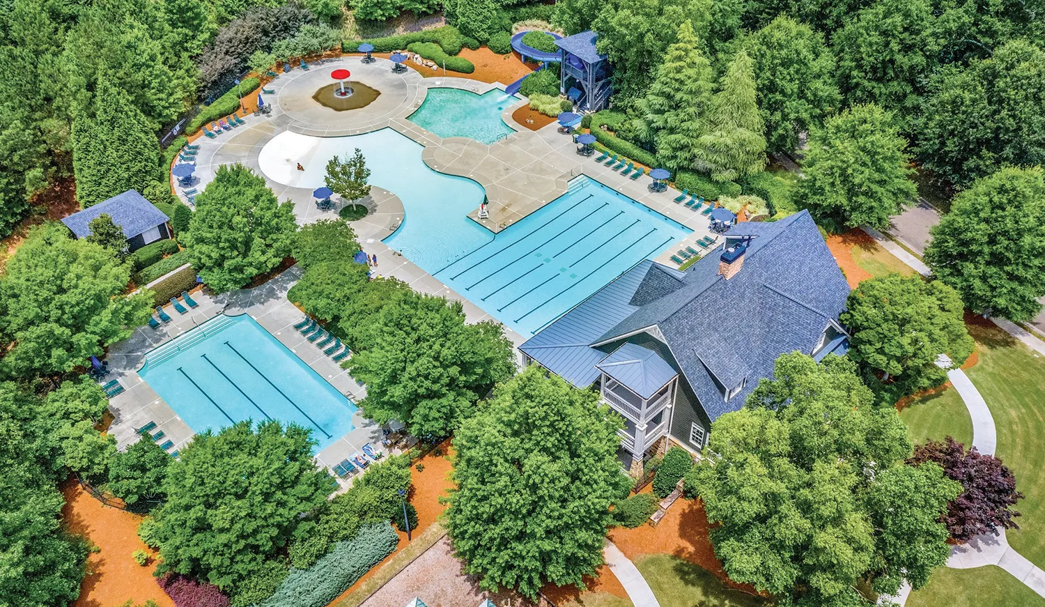 Clubhouse and swimming pool amenity at Lakeside at Great Sky community in Canton, Georgia