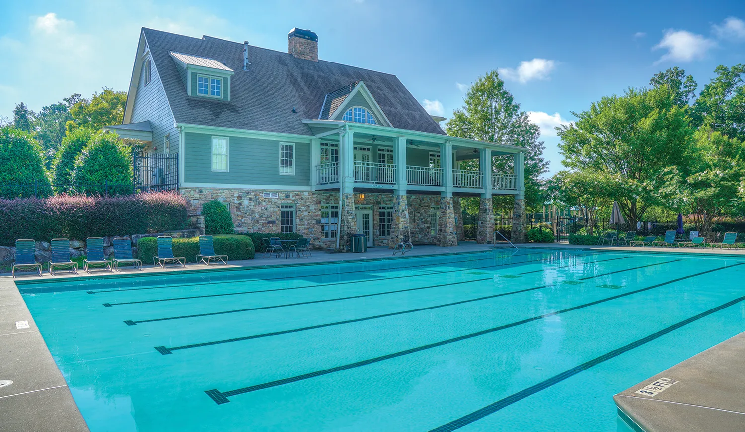 Clubhouse and swimming pool amenity at Lakeside at Great Sky community in Canton, Georgia