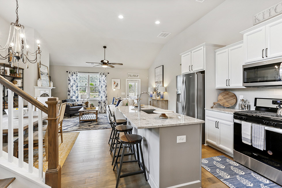 Open concept kitchen in a new home at Lakeside at Great Sky community in Canton, Georgia