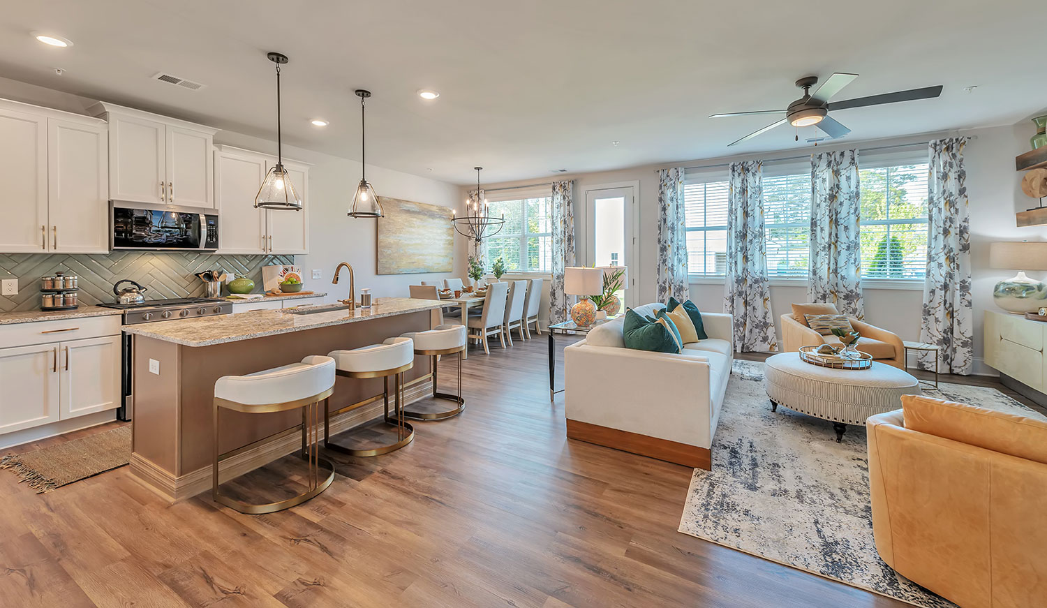 Crestwood model home kitchen, dining room and living room