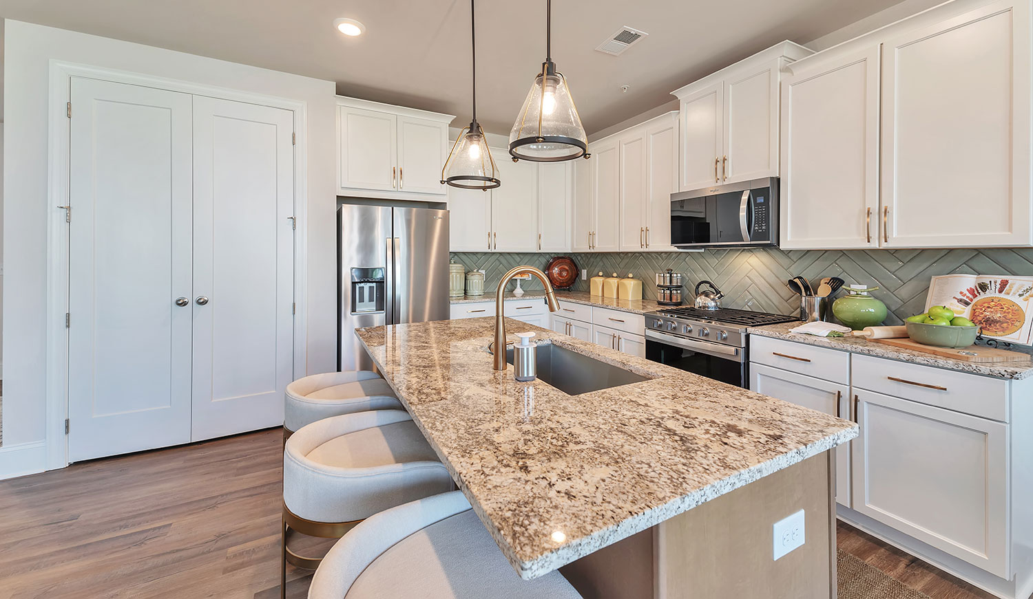 Open concept kitchen in a new home at Crestwood community in Marietta, Georgia