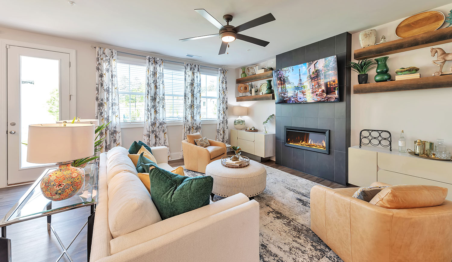 Open concept living room in a new home at Crestwood community in Marietta, Georgia