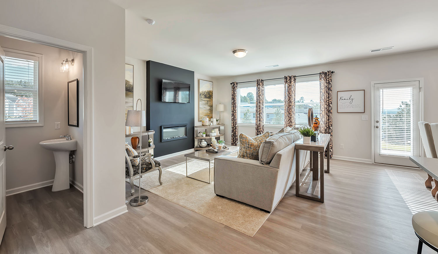 Open concept living room in a new home at Old Mill community in Calhoun, Georgia