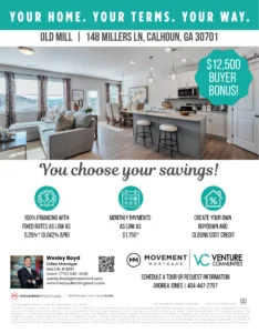 Old Mill new homes in Calhoun, GA promotional flyer