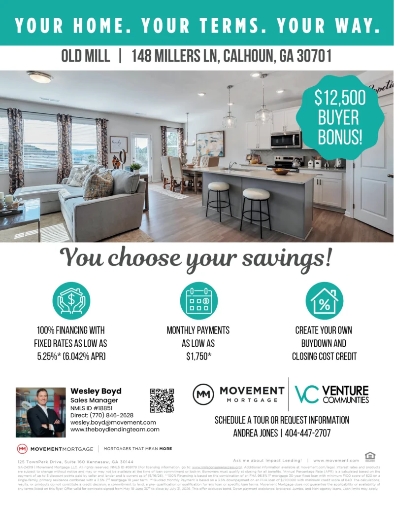Old Mill new homes in Calhoun, GA promotional flyer